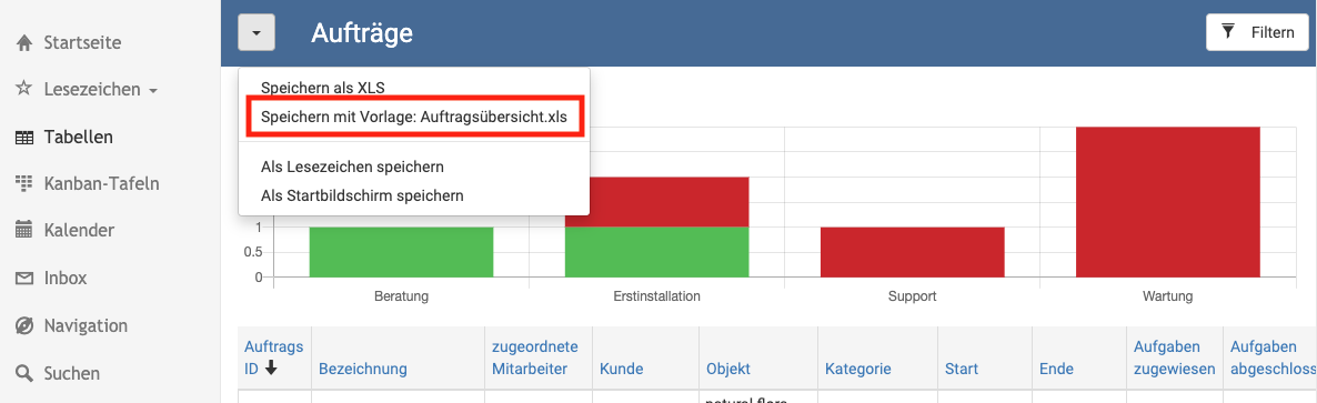 Tabellenansicht mit Excel-Vorlage exportieren
