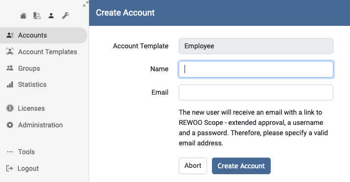 Dialog for creating an account with a template
