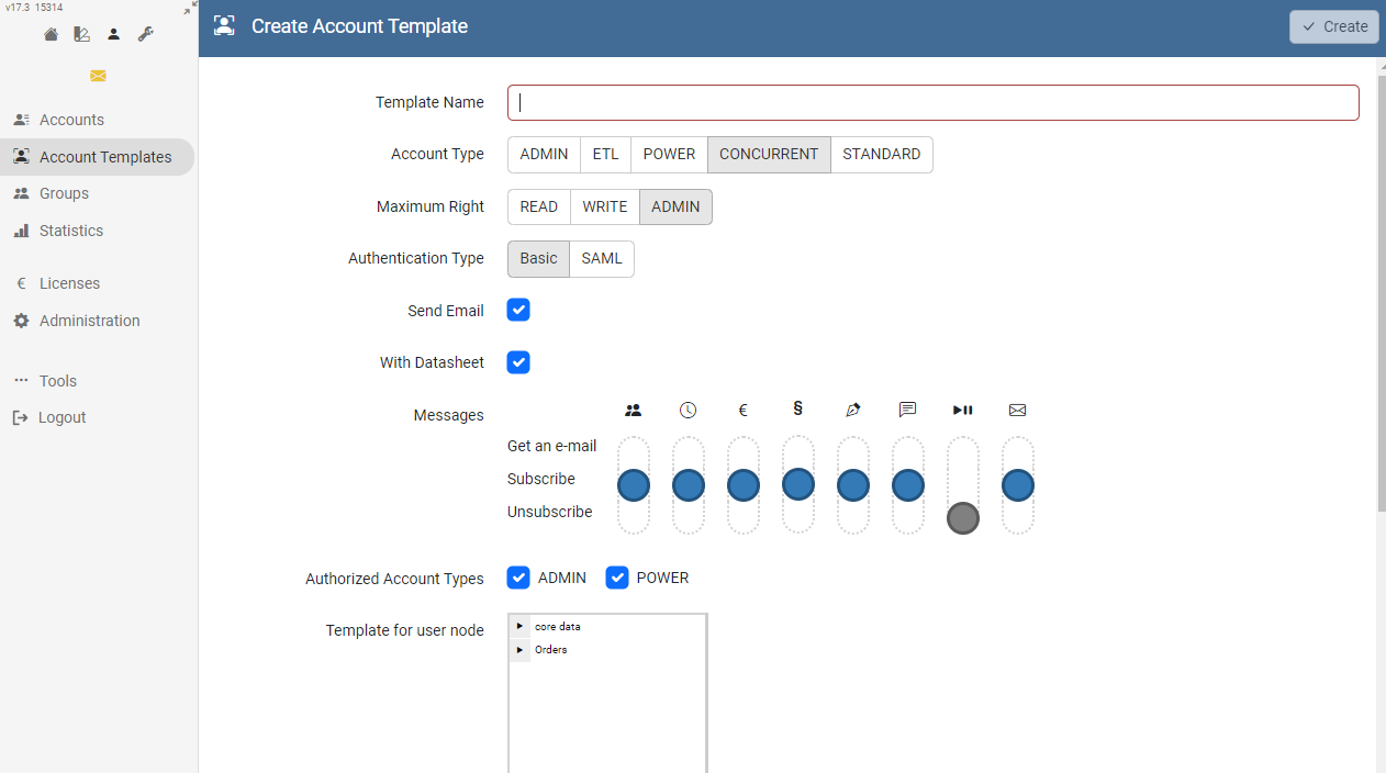 Dialog for creating an account template